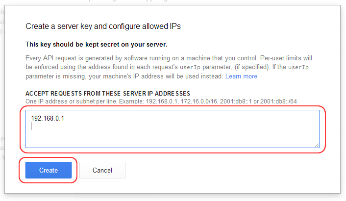 Google APIの利用を許可するリクエスト元ホスト（IPアドレス/サブネットアドレス）の設定