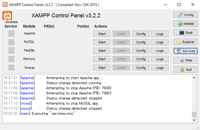 XAMPP Control Panel Services